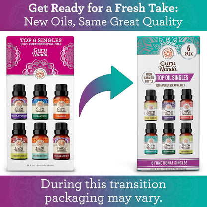 Guru Nanda (Set of 6) Therapeutic Grade Essential Oils - 100% Pure & Natural Aromatherapy Single Notes for Oil Diffusers & Topical Use - Lavender, Peppermint, Eucalyptus, Orange, Lemongrass, Cedarwood