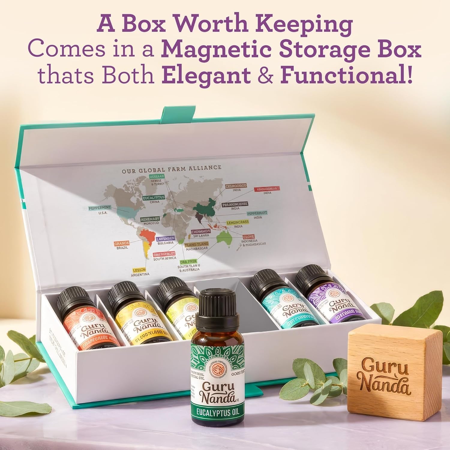 Guru Nanda (Set of 6) Therapeutic Grade Essential Oils - 100% Pure & Natural Aromatherapy Single Notes for Oil Diffusers & Topical Use - Lavender, Peppermint, Eucalyptus, Orange, Lemongrass, Cedarwood