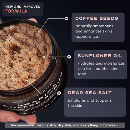 Dead Sea Salt and Arabica Coffee Body Scrub 10 Oz - Moisturizing and Exfoliating Body, Face, Hand, Foot Scrub - Fights Stretch Marks, Fine Lines, Wrinkles - Great Gifts for Women & Men